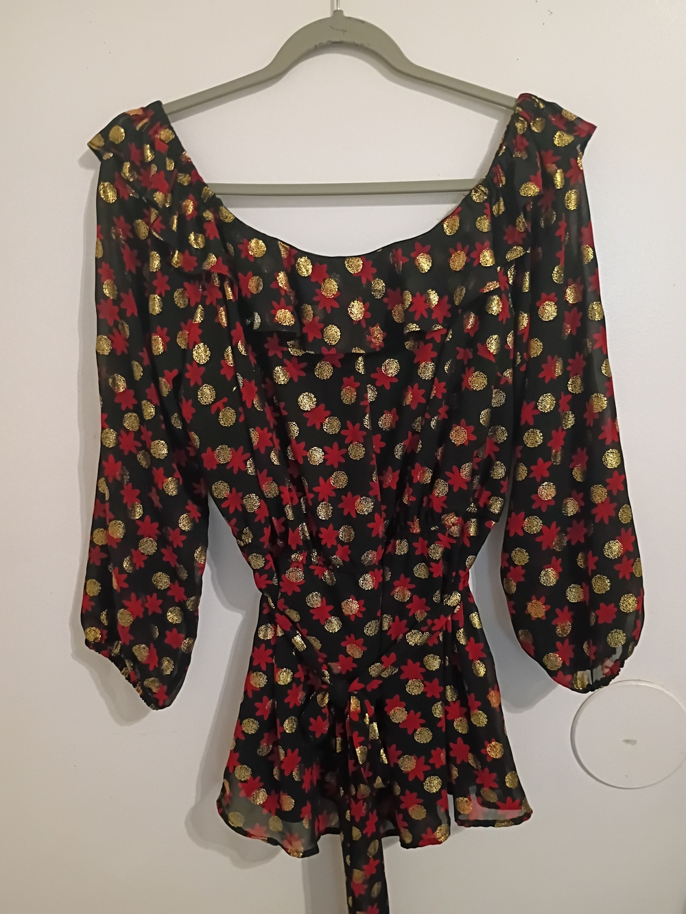 Lane Bryant Black Long Sleeve Floral Metallic Peplum Blouse - Red & Gold Sz 1X